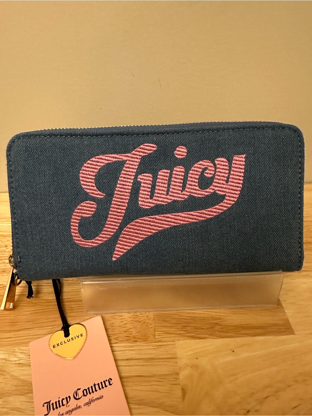 Juicy Couture Denim Zip Wallet with Pink Script Logo
